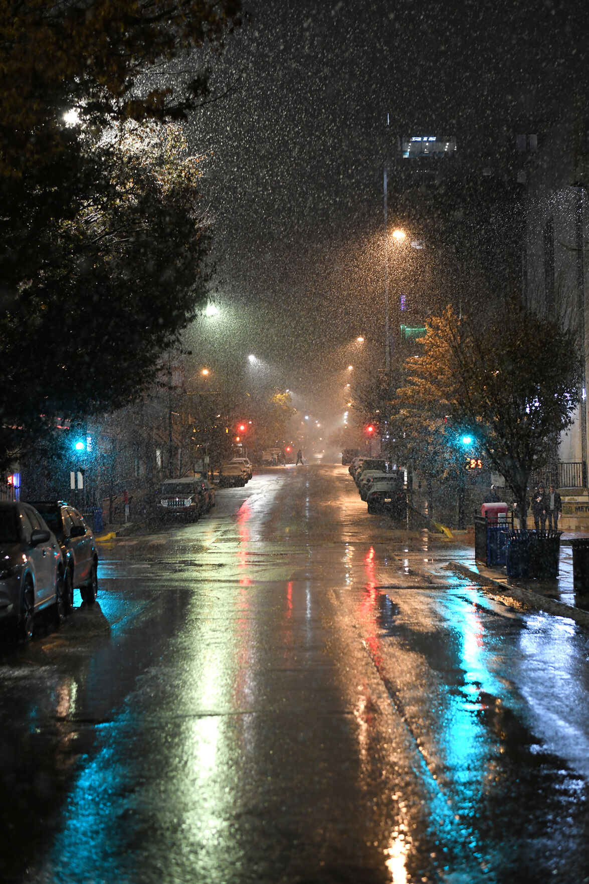 Snow falls at the corner